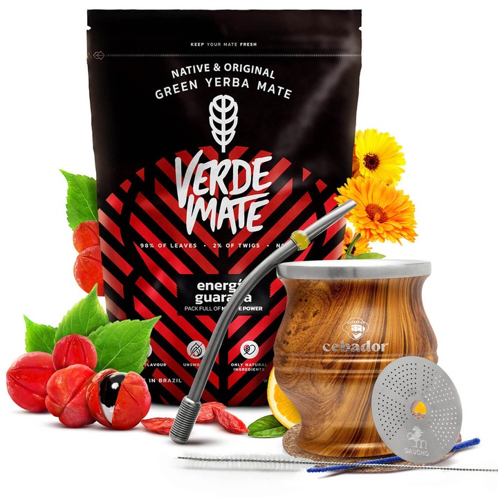 Yerba Mate Tea készlet, Verde Mate Energia Guarana 0, 5kg, TermoColador Barna, 190 ml