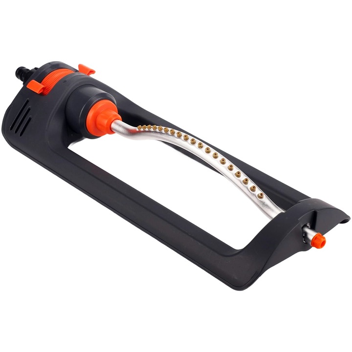 Aspersor oscilant reglabil John Green, 19 duze, 4 moduri de stropire, reglare interval stropire, suprafata maxima 180 m2, dimensiune 43x15x9cm, Negru/Portocaliu