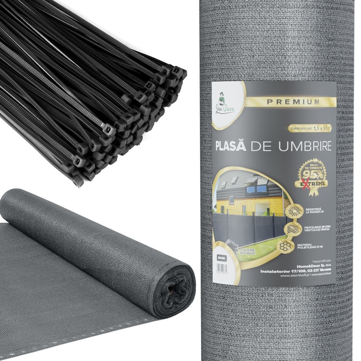 Plasa de camuflaj John Green, 95% blackout, 1,5x50 m, set de legaturi de fixare 400 buc, protectie UV, pentru gard, terasa, tunel, gri