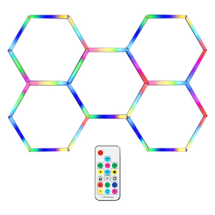 LED аплик ZenLED, Шестоъгълна пчелна пита RGB дигитална Смарт с дистанционно управление и приложение, 5 шестоъгълника за таван/стена 244x170см, 43W, 4700 лумена