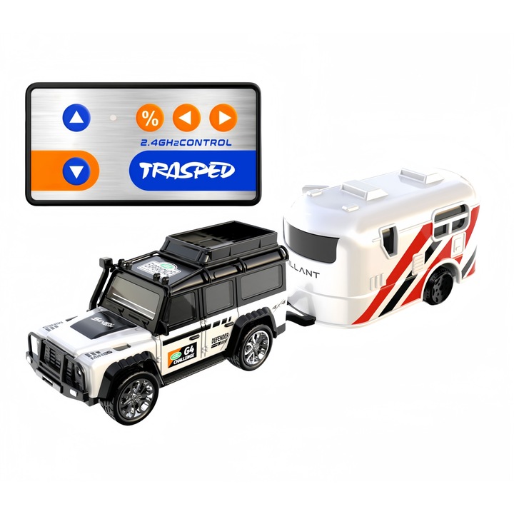 Мини кола с дистанционно управление със свалящо се ремарке, 20 метра контролно разстояние, алуминиево тяло, акумулаторна батерия, 3 регулируеми скорости, многоцветен