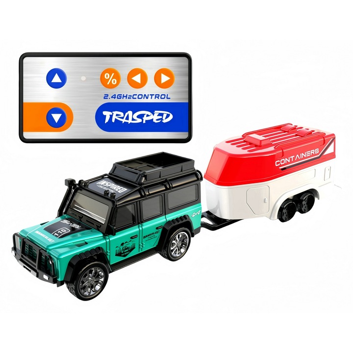 LITFIV® Mini Masina Rc Pentru Copii Cu Baterie Reincarcabila, Telecomanda De 2,4 Ghz, Metal, Viteza Variabila, Cu Control Precis, Echipat Cu Remorca, Scara 1:64, Cu Autonomie Lunga, Lumini, Off-Road, Verde