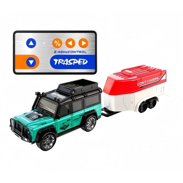 Мини кола с дистанционно управление със свалящо се ремарке, 20 метра контролно разстояние, алуминиево тяло, акумулаторна батерия, 3 регулируеми скорости, зелена кола за терен