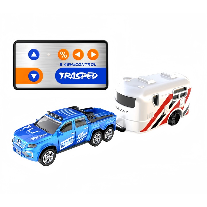 Кола с 4-посочно дистанционно, с ремарке, предни/задни светлини, акумулаторна батерия, синя