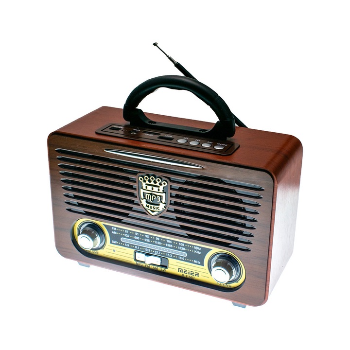 MEIER M-115BT Famintás retro 3 sávos rádió MP3 5.0 Bluetooth AUX 1200mA Li-ion újratölthető akkumulátoros barna szín
