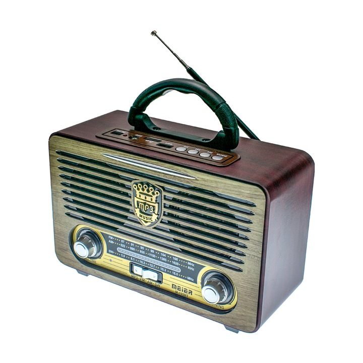 MEIER M-115BT Famintás retro 3 sávos rádió MP3 5.0 Bluetooth AUX 1200mA Li-ion újratölthető akkumulátoros arany szín