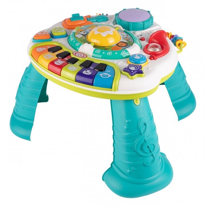 Masuta interactiva pentru copii Malplay, prevazuta cu pian, microfon si bluetooth, model zoo animals blue