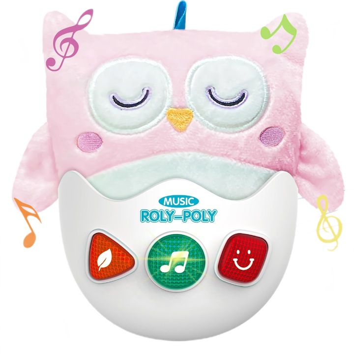 Jucarie interactiva de plus Giftry®, model bufnita, elemente senzoriale, muzica si lumini, roz, 6 luni +