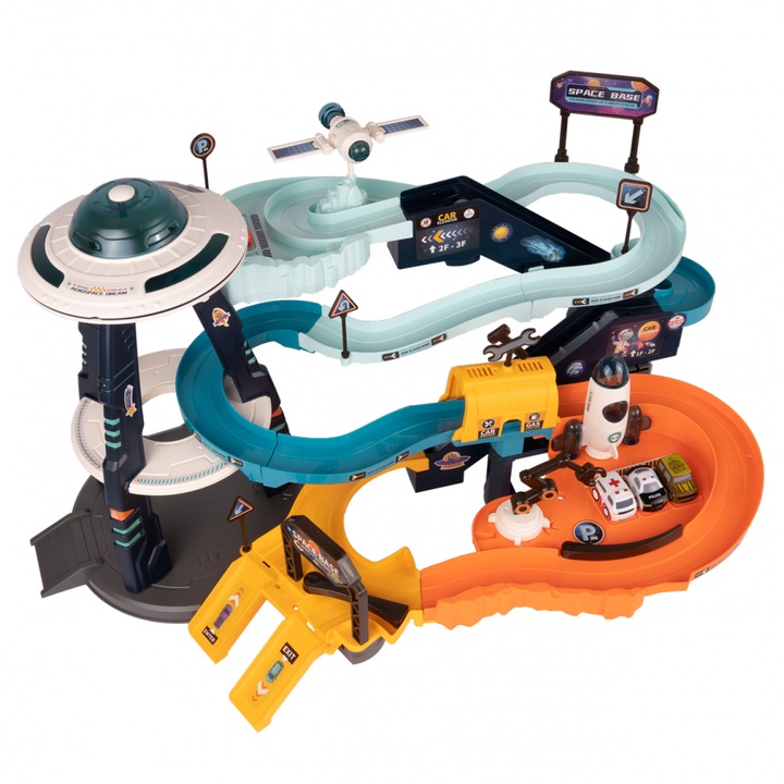 Pista de masinute cu efecte sonore luminoase si 4 masinute incluse Mars Base Orbit