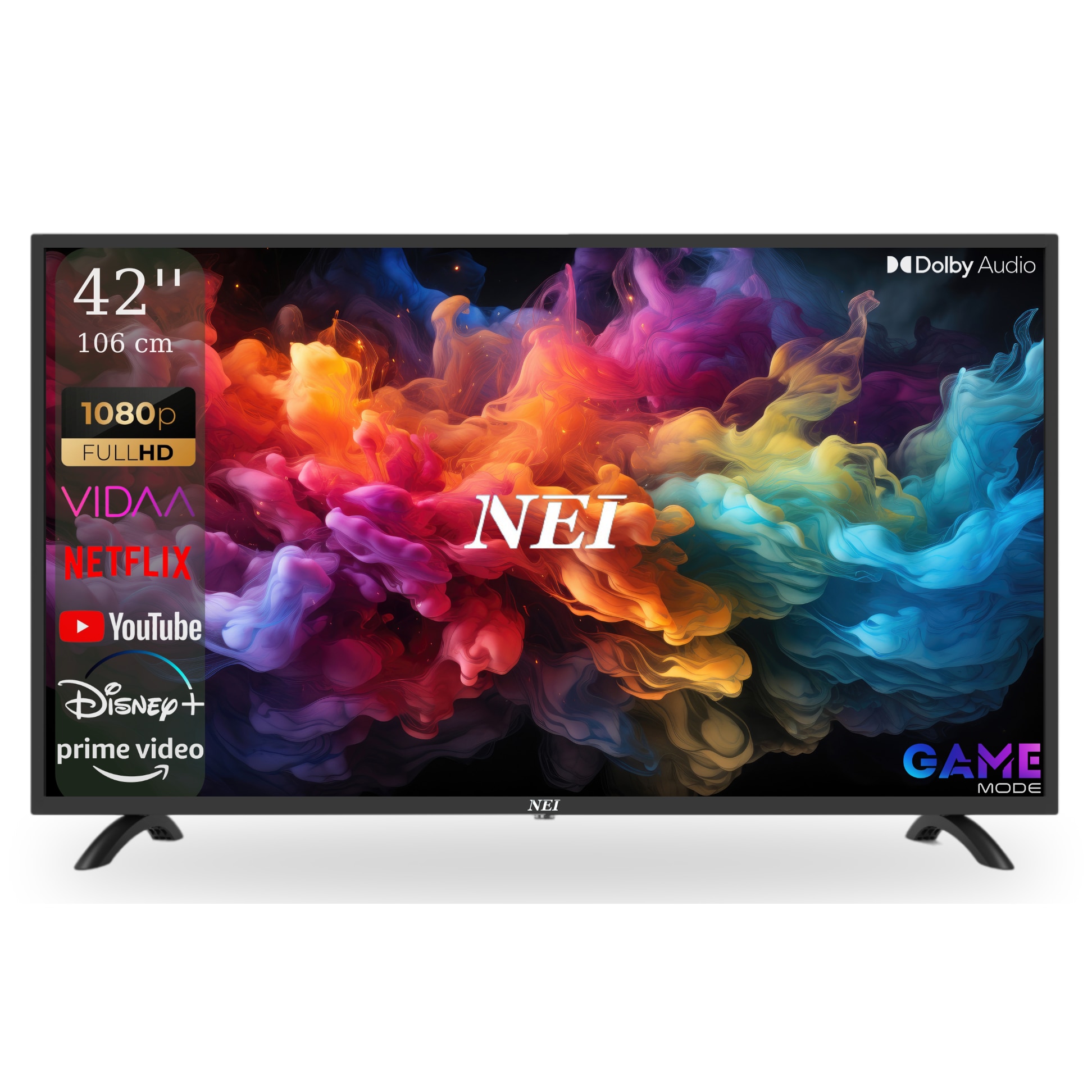 Televizor Smart NEI Full HD 42NE5900H de 106 cm, Sistem VIDAA OS, Wi-Fi,  Netflix, YouTube, Prime Video, Disney Plus, Audio Dolby, Mod Hotel, Negru,  Clasa F, Suport Perete Inclus Gratuit - eMAG.ro