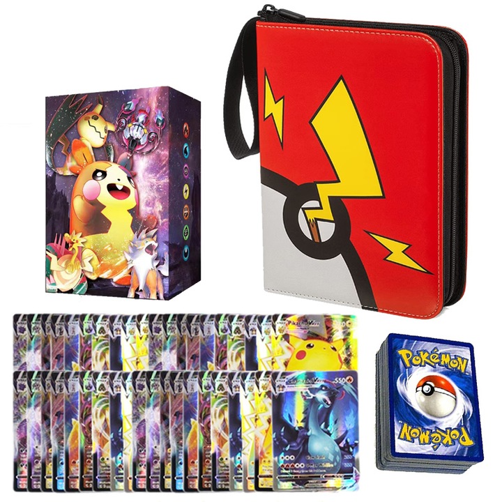 Комплект от 100 карти за игра Pokemon Album, Duoqu, 400 слота, 4 отделения, червени