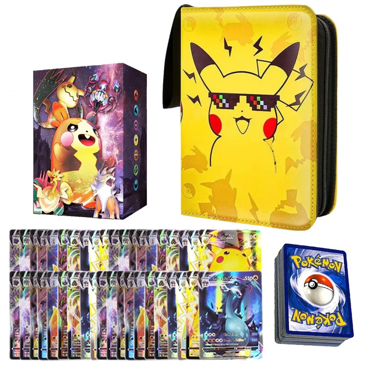 Set 100 carti de joc cu album Pokemon, Duoqu®, 400 de sloturi, cu 4 compartimente, Galben