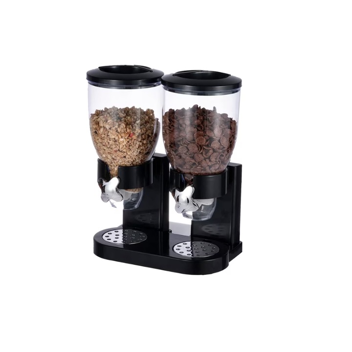 Dispenser pentru cereale cu doua recipiente, negru, 2 x 2L