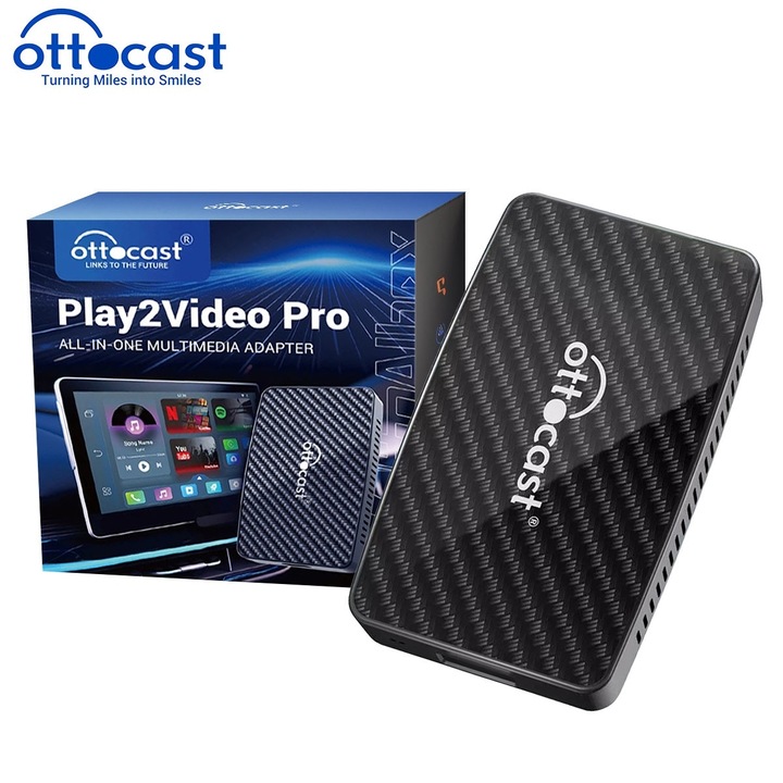 Адаптер автоматичен всичко-в-едно Ottocast® Play2Video Pro, безжичен CarPlay/Android Auto, редактиране на видео, асистент вокал, негр