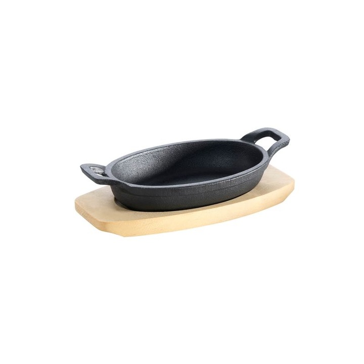 Ovális öntöttvas tálca fa tartóval 21 x 15,5 cm 0,75 literes ALL'GRILL 9705 tálaláshoz