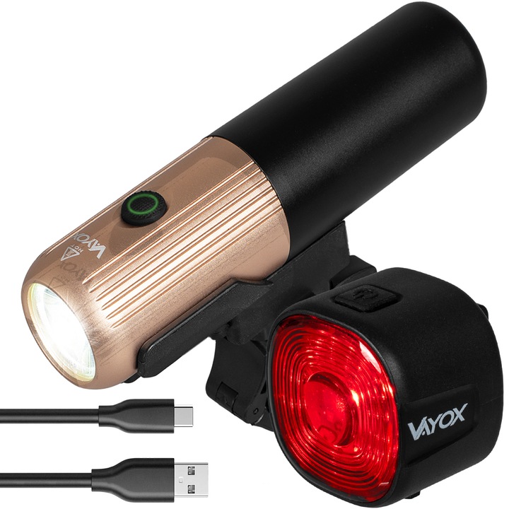 Set de lumini de bicicleta fata si spate Vayox VA0072, VA0156, din aluminiu, sursa XLM1 7W si 17x SMD, acumulator reincarcabil 2600 mAh, indicator baterie, incarcare USB-C, rezistenta la apa, 450 lumeni, Negru/Auriu