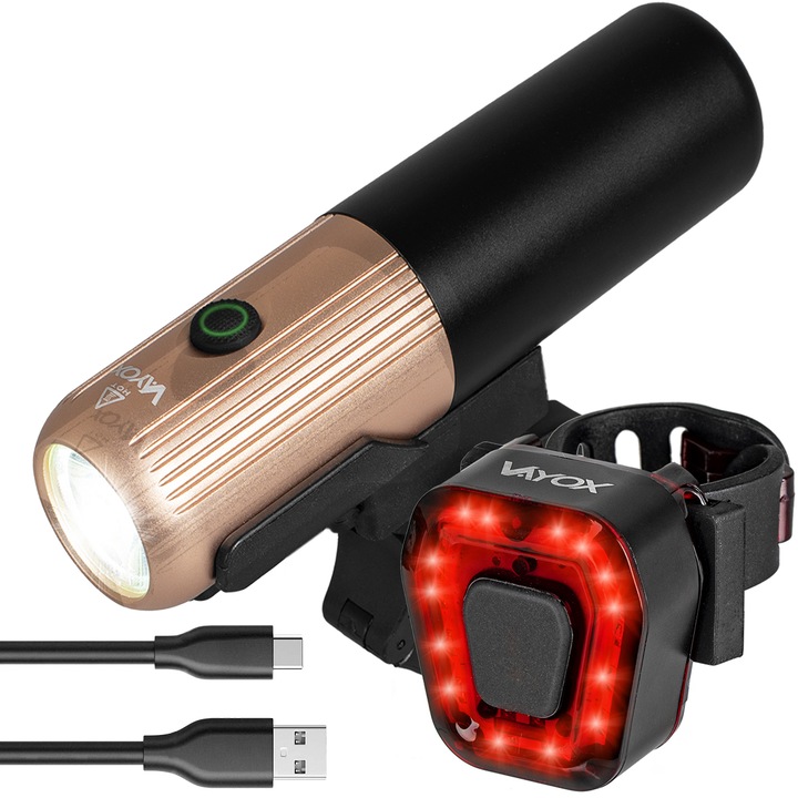 Set de lumini de bicicleta fata si spate Vayox VA0072, VA0048, din aluminiu, sursa XLM1 7W si 14x SMD, acumulator reincarcabil 2600 mAh, indicator baterie, incarcare USB-C, rezistenta la apa, 450 lumeni, Negru/Auriu