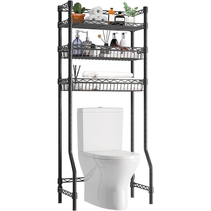 Raft de baie metalic cu 3 niveluri deasupra toaletei Uptyia, organizator robust cu polite si cosuri reglabile, economizor de spatiu, negru
