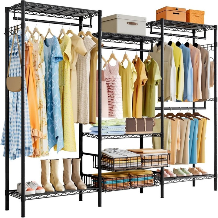 Uptyia Umerase pentru haine si suporturi, cu tija de agatat si 2 cosuri de depozitare glisante, rezistenta, raft reglabil,219x40x195CM, negru