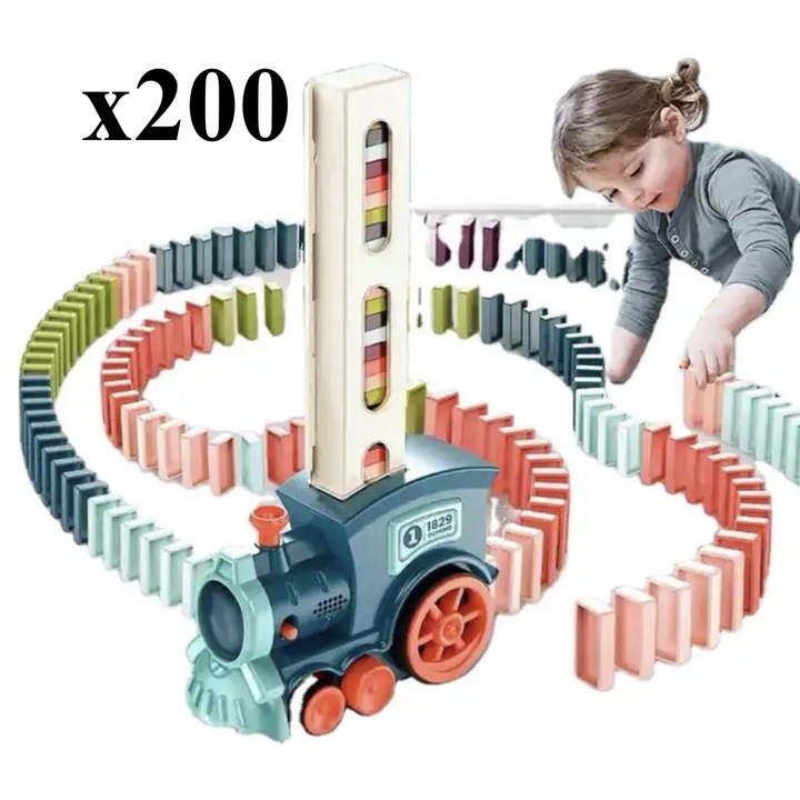 Trenulet interactiv pentru copii, set Domino, 200 de piese, albastru