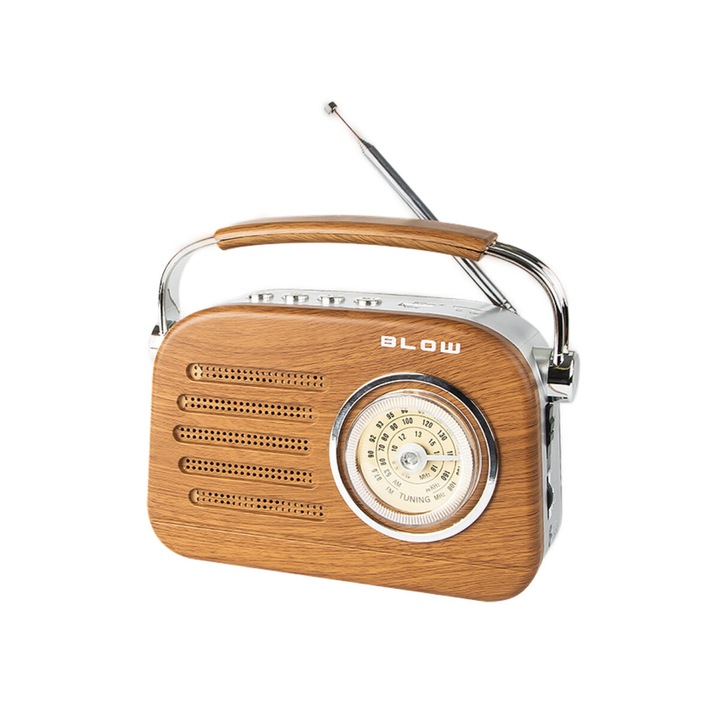 Radio portabil, AM/FM/SW, Bluetooth, port USB, port micro SD, 205 x 125 x 105 mm, 2 x baterii R20, BLOW RA3 11269, maro cu gri 185 mm