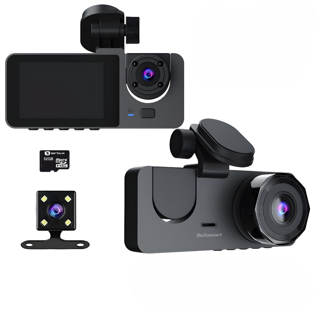 Camera de bord auto DVR tripla OnXsmart®, 1080P Full-HD, Ecran IPS 2.35 ...