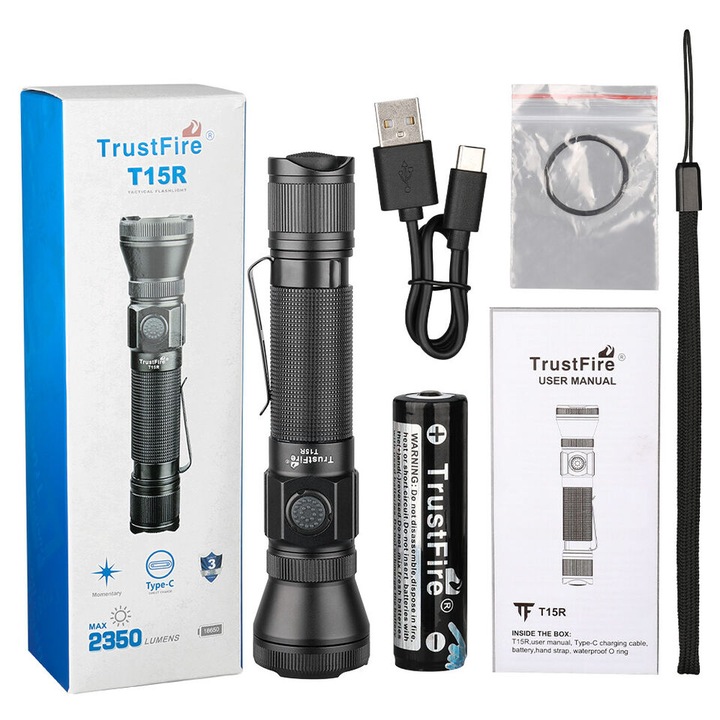 LED тактически фенер Trustfire T15R 1800 LM, USB type C IP68, обхват 310 m