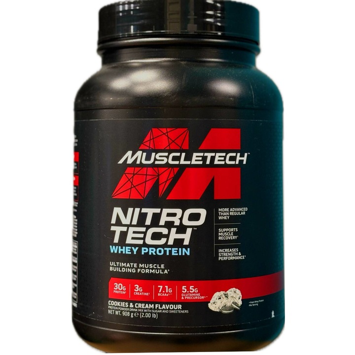 Proteine MuscleTech Nitrotech, Cookies & Cream, 908g, cu creatina si BCAA