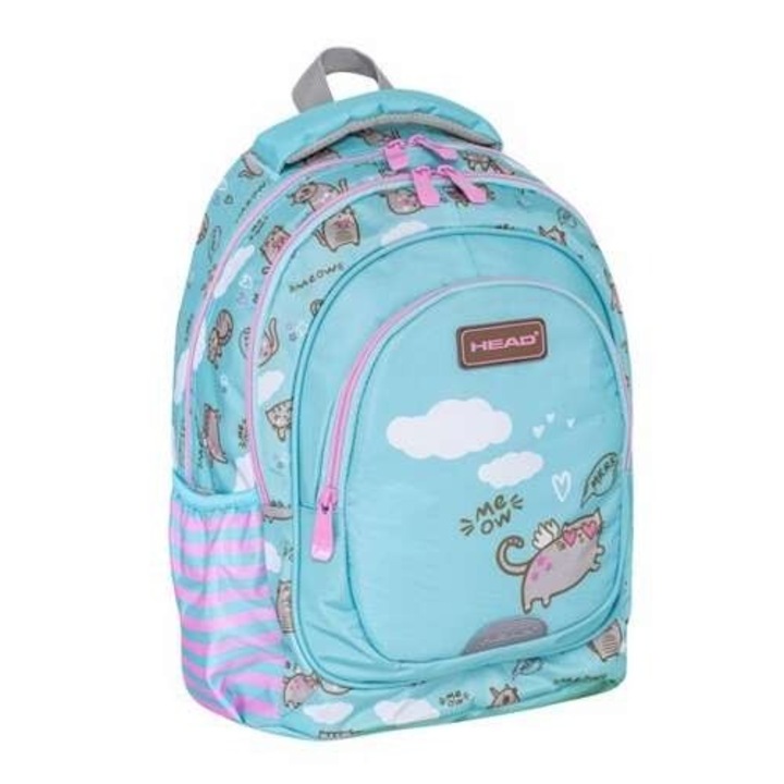 Ghiozdan scolar Head Meow, ASTRA art-pap, Sintetic, 3 compartimente, Ergonomic, Elemente reflectorizante, 39x28x15cm, Albastru deschis
