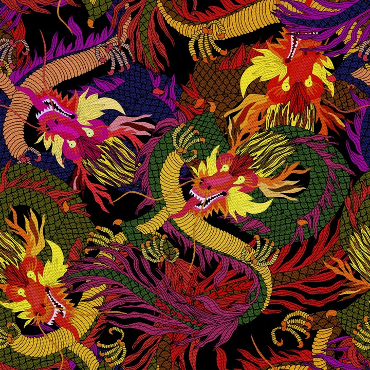 Textil anyag, Színes kínai sárkányok, Poliészter 100%, 210g/pm, Méret: 100cm x 155cm