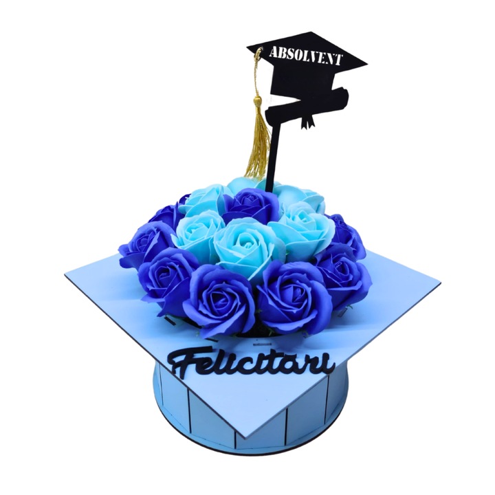 Aranjament toca absolvire - cu topper, decorat cu flori de sapun albastru-albastru intens, din lemn, 22x22x17 cm, cutie albastra