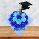 Aranjament toca absolvire - cu topper, decorat cu flori de sapun albastru-albastru intens, din lemn, 22x22x17 cm, cutie albastra