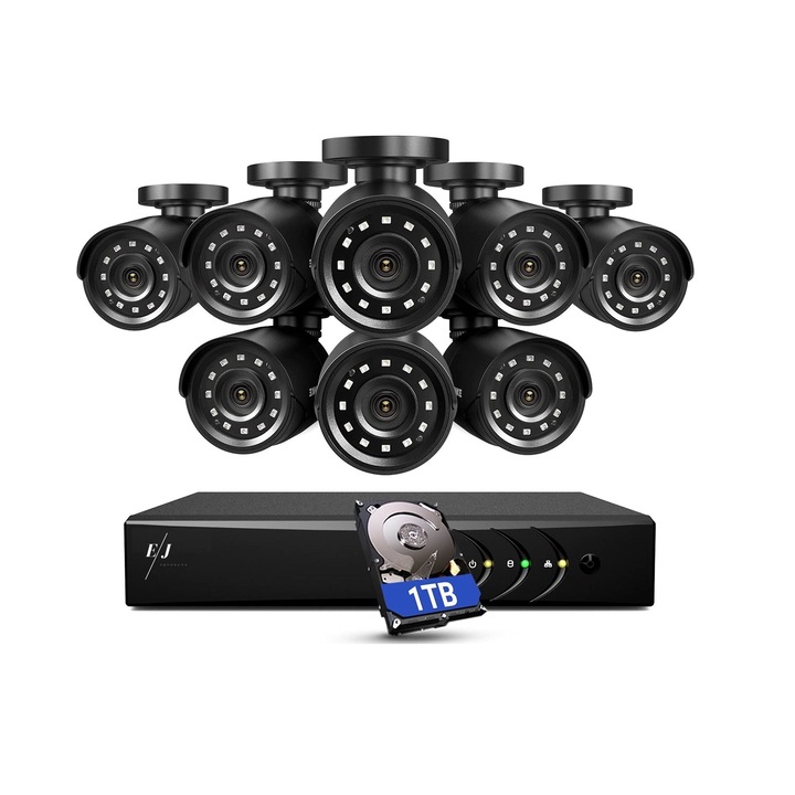 Комплект 8 външни камери, Spionescu, E200, AI лицево разпознаване, FULL HD, 1TB, черна