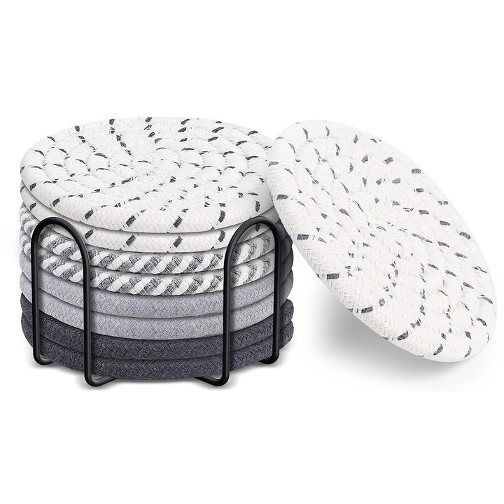 Set suporturi bauturi QHYKKYJ, bumbac tesut, 8 piese, absorbante, multicolor, 4.3", cu suport metalic