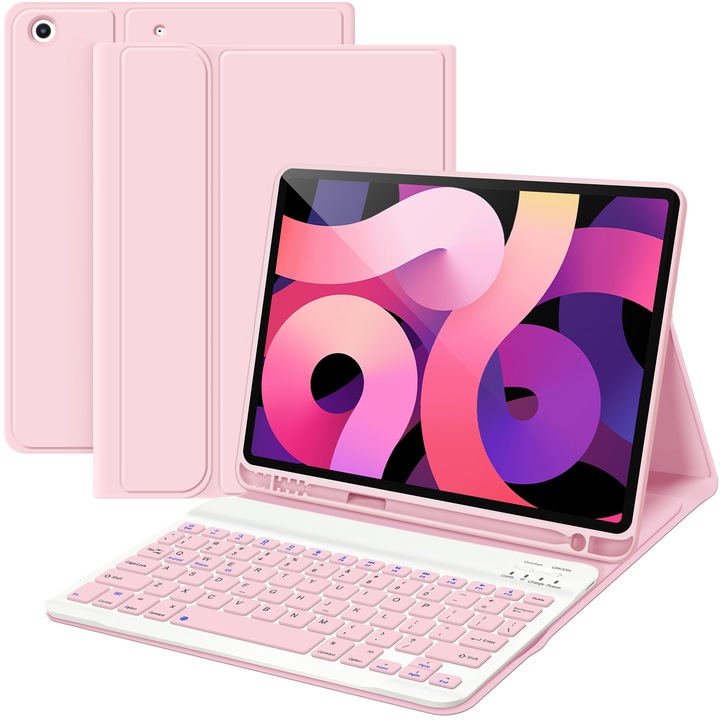 Husa cu tastatura Bluetooth STWMOOCE pentru iPad 10.2", suport creion, roz, 10.2 inch