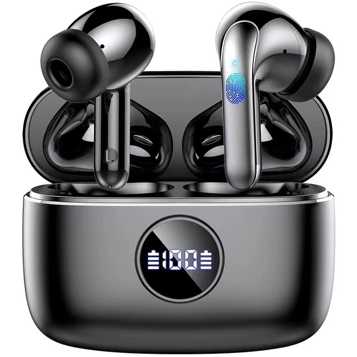 Безжични аудио слушалки, Techmoon®, безжични, Bluetooth 5.3, Цифров дисплей, Сензорно управление, HD микрофон, 40 часа автономност, iOS и Android съвместимост, Черни