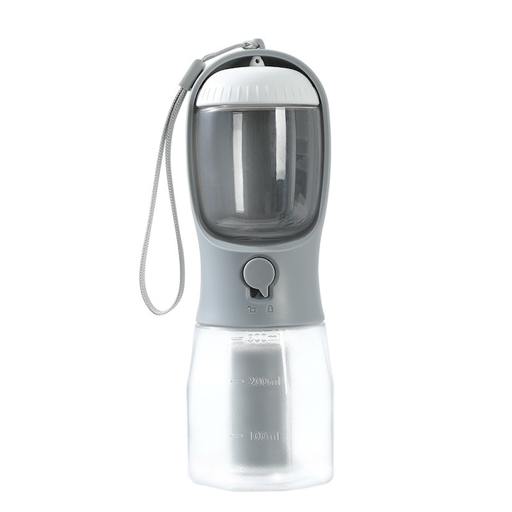 Biberon portabil pentru caini si pisici, 3 in 1, cu diferite compartimente pentru a pastra apa, mancare, geanta de igiena, multifunctionala si practica, potrivita pentru calatorii cu animale de companie, 300 ml, gri