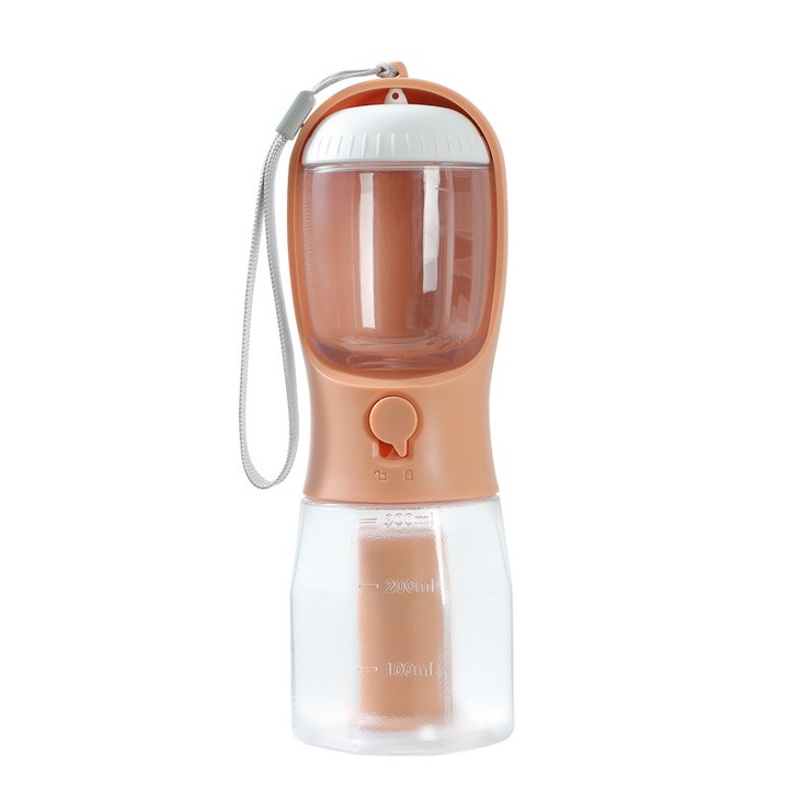 Biberon portabil pentru caini si pisici, 3 in 1, cu diferite compartimente pentru a pastra apa, mancare, geanta de igiena, multifunctionala si practica, potrivita pentru calatorii cu animale de companie, 300 ml, portocaliu-roz