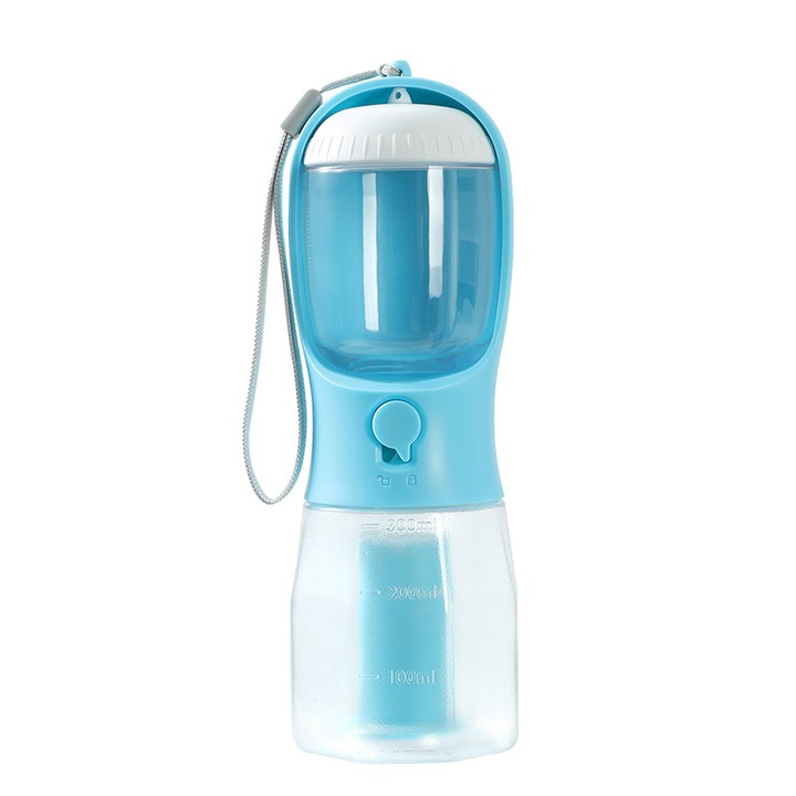Biberon portabil pentru caini si pisici, 3 in 1, cu diferite compartimente pentru a pastra apa, mancare, geanta de igiena, multifunctionala si practica, potrivita pentru calatorii cu animale de companie, 300 ml, albastru