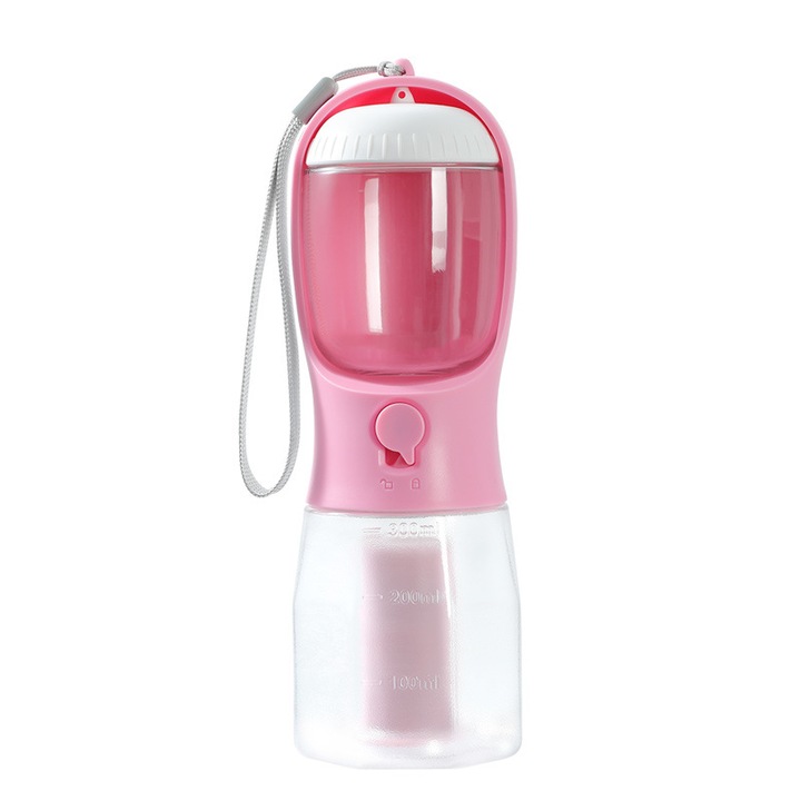 Biberon portabil pentru caini si pisici, 3 in 1, cu diferite compartimente pentru a pastra apa, mancare, geanta de igiena, multifunctionala si practica, potrivita pentru calatorii cu animale de companie, 300 ml, roz