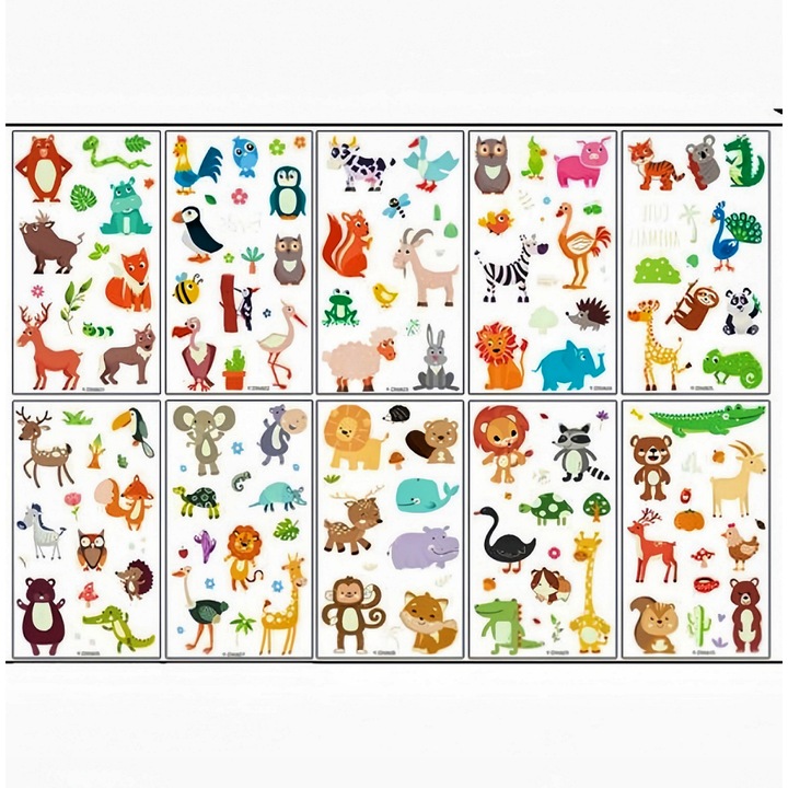 Set 10 foi Tatuaje Temporare Luminoase, pentru Copii, festival, cadou, Animale, gradina zoologica, Multicolor