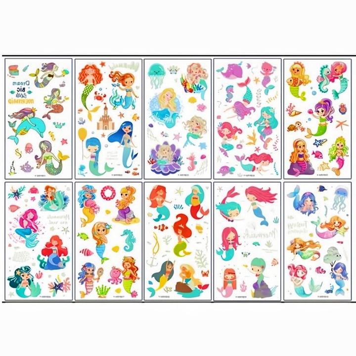Set 100 Tatuaje Temporare Luminoase, pentru Copii, festival, cadou, ocean, sirena, Multicolor