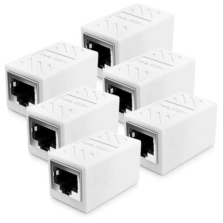 Комплект от 6 удължителни гнезда за мрежов кабел RJ45, JENUOS®, Ethernet съединител, вграден съединител за кабел Cat7/Cat6/Cat5e/Cat5, бял