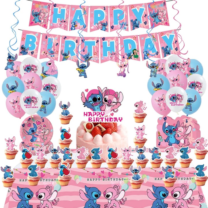 Детски комплект балони, JENUOS®, Lilo & Stitch, парти за рожден ден, латекс, 1 бр. Банер Честит рожден ден, 6 тематични спираловидни декорации, 12 бр балони за парти, 24 бр. Покривало за кексчета, 1 Голямо покритие за торта, розово