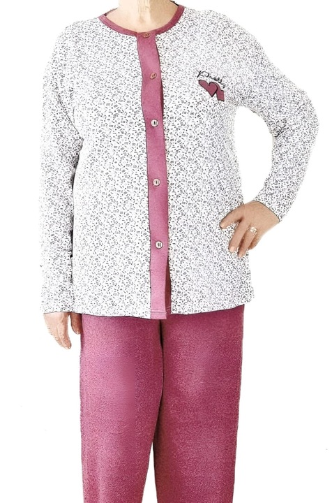 Pijama dama, cu nasturi, vatuita, bumbac 100%, alb/roz