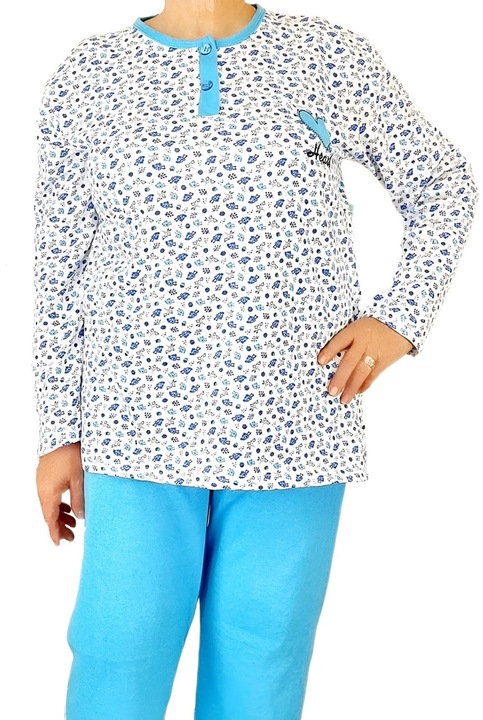 Pijama dama, cu doi nasturi, vatuita, bumbac/lycra, alb/albastru