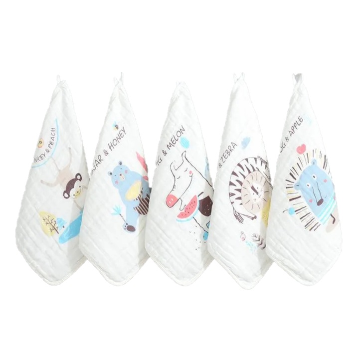 Set 5 prosoape din muselina KERNOWSUN pentru copii 30x30cm, Animale havana blue, Mama si copilul