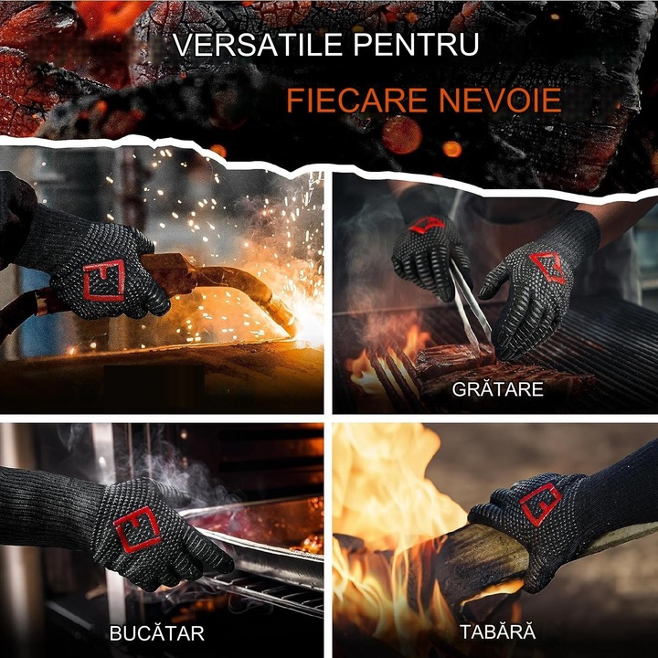 Manusi termorezistente pentru gratar si bucatarie, FLIPLINE, ignifuge, premium, antialunecare, 2 bucati, negru, marimea M