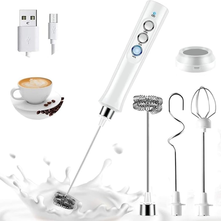 Mixer spuma lapte, incarcare wirless si acumulator incorporat, 3 trepte de viteza pentru frappe, cappucino, mixat oua, alb