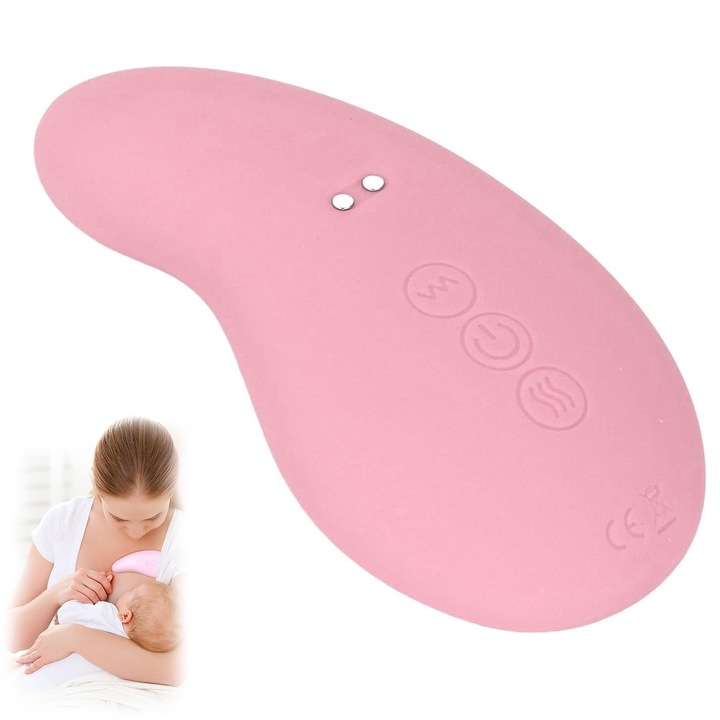 Aparat de Masaj pentru Stimularea Lactatiei Latauar, Alaptare, Cresterea Fluxului de Lapte, Deblocare Canale Infundate, Functie de Incalzire si Vibratii, Rezistent la Apa, Cablu USB, Roz